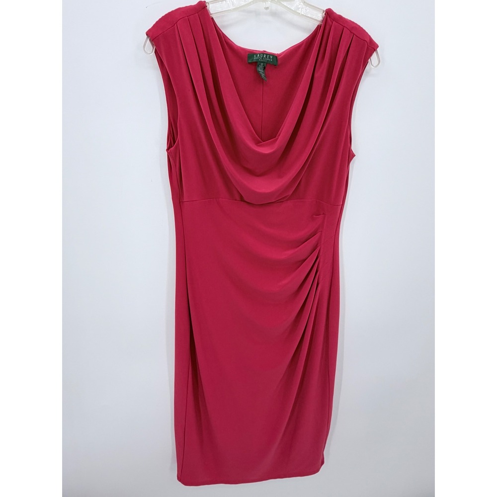Lauren Ralph Lauren‎ Dress Womens 12 Red Cowl Neck Ruched Sheath Sleeveless